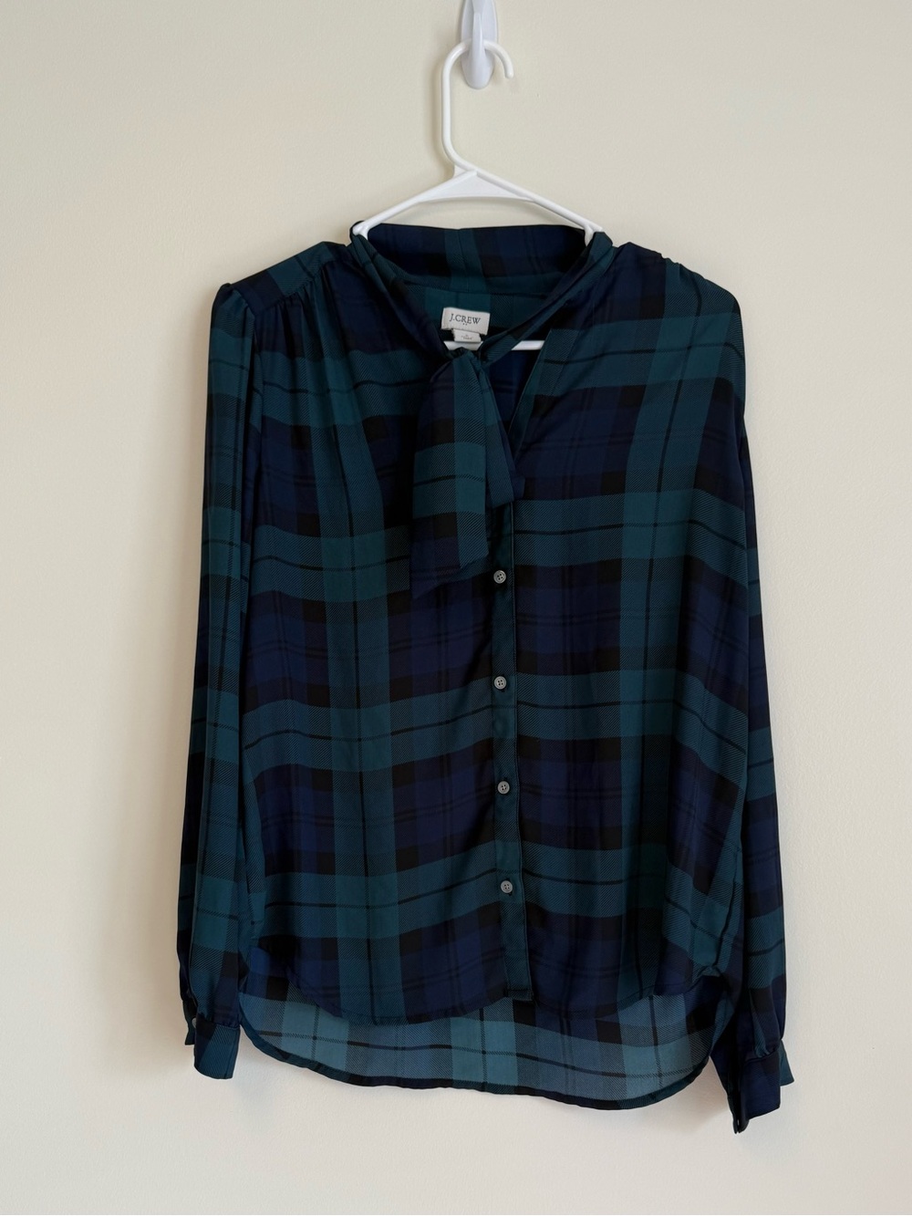 J. Crew Green and Navy Plaid Tie-Neck Blouse
